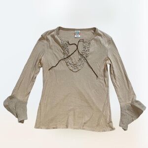 Super Y2K Vintage Weaver's Girl Tan Flowy Ruffled Fairy Bell Sleeve Top Size M
